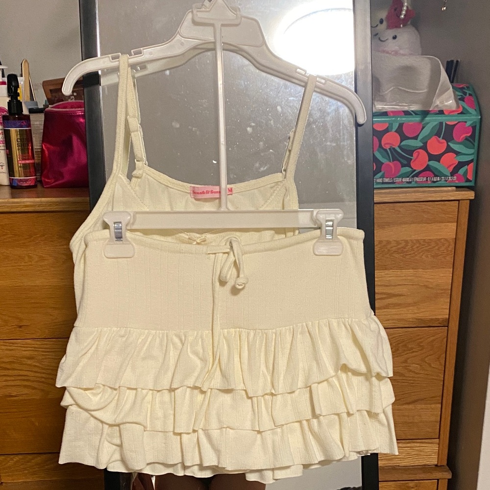Cream Ruffled Tank Top and Skirt Set